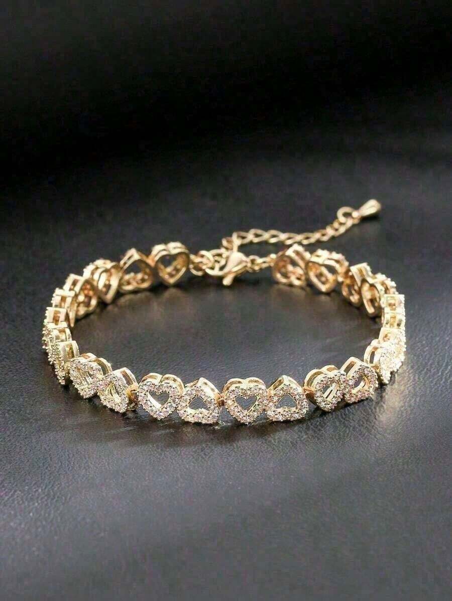 1pc Luxury Heart-Shaped Zirconia Bridal Bracelet, Adjustable Elegant Minimalist High-End Sparkly Women - 金子 - 查看 1