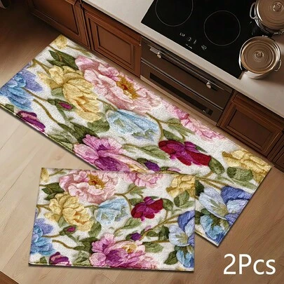 2D Colorful Floral Print Pattern Rug, Soft And Durable Washable Floor Mat For Entryway, Porch, Indoor - Living Room, Bathroom, Bedroom, Game Room, Laundry Room, Dorm Decor