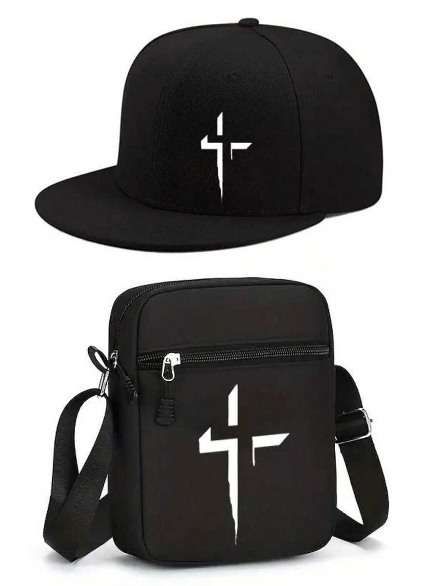 1pc/2pcs Creative Cross Design Print Baseball Cap And Crossbody Bag Set, Streetwear Style Fashion Outdoor Sports Adjustable Flat Brim Cap And Shoulder Bag, Gift For Friends And Anniversary - Multicolor - View 1