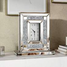 Luxury Mirrored Table Clock With Silver Crushed Diamonds (13.2"X11.8") - Silent, Beveled Glass Desk Clock For Living Room, Bedroom, Office - Bạc - Xem 6