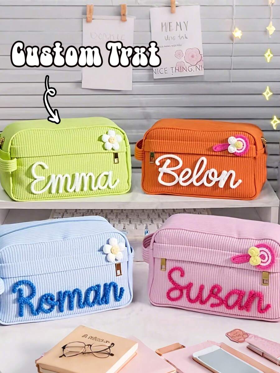Tempat Pensil atau Tas Alat Tulis Kustom, Dicetak dengan Huruf/Nama yang Dipersonalisasi (Tanpa Dekorasi Bunga); Hadiah Sempurna untuk Wanita Selama Musim Kembali ke Sekolah atau Ulang Tahun