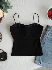 女士休闲简约吊带背心，夏季新款，带胸垫，修身款，黑色 - 黑色 - 查看 8
