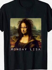 Funny Monday Lisa Mona Lisa Parody Graphic T-Shirt - Humorous Art-Inspired Design, 200g Soft Stretch Fabric, Loose Fit Unisex Tee Men & Women, All-Season Casual Wear, Hand Wash_Dry Clean - 黑色 - 查看 1