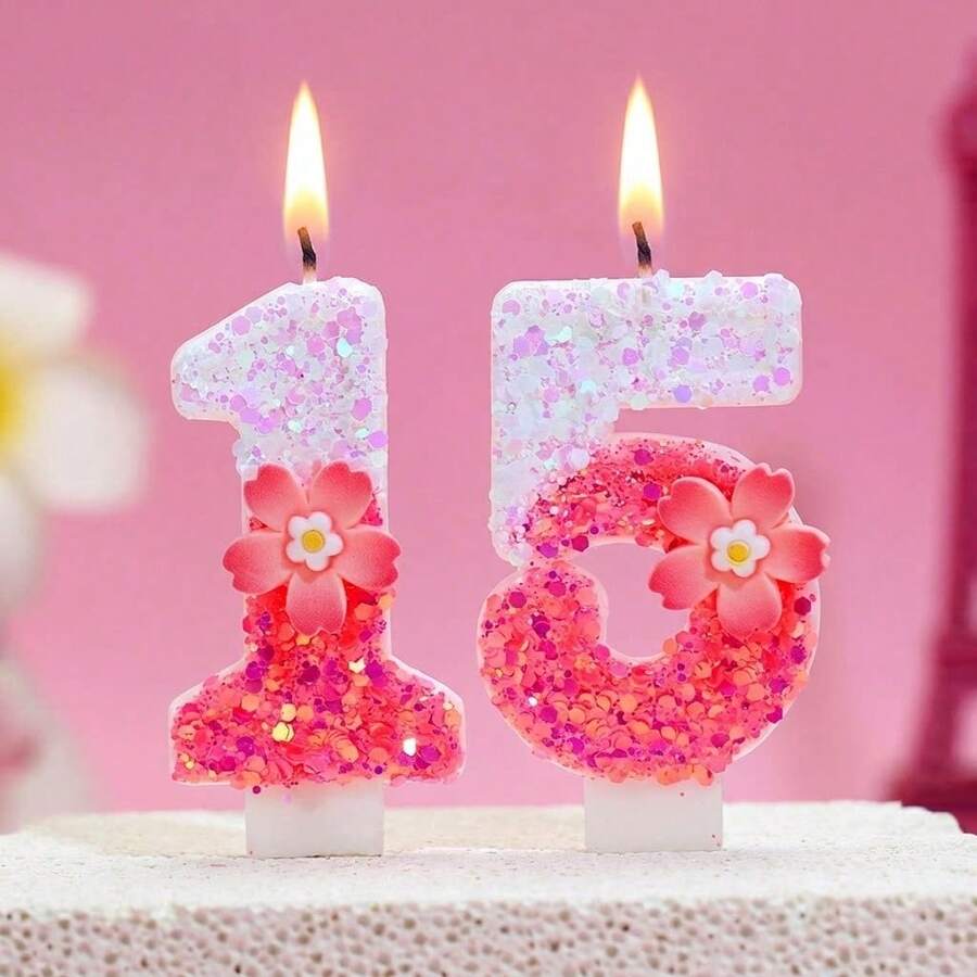 1pc Pink Number Birthday Candle, Sparkling Color Block Flower & Number Birthday Candle, Cake Decor, Creates Romantic Atmosphere, Handmade DIY Adult Ceremony Candle, Suitable For School Opening, Valentine's Day, Princess Birthday Party, Graduation Party