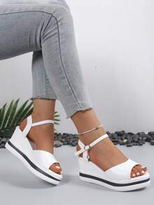Simple Peep-Toe Wedge Sandals For Women, Black & White Color Block Thick Sole High Heel Shoes, Strap Buckle Non-Slip Sandals, Classic Black Contrast Color, Suitable For Commuting, Dating, Vacation, Versatile - White - View 4