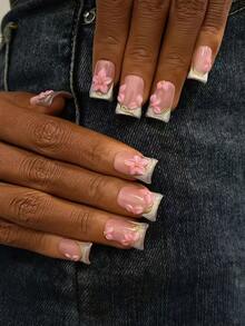 10片装Y2K风鸭嘴美甲贴片套装 - 手工制作，粉色美甲，猫眼美甲，猫眼法式美甲，手工3D花朵，3D粉色花朵美甲，手绘金色图案设计，闪亮小钢珠装饰，精致优雅美甲 - 彩色 - 查看 4