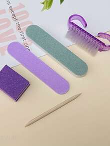 5件套精美紫色美甲工具套装，包含2把指甲锉、1块抛光块、1个角质层推棒、1把清洁刷，便携耐用，适合初学者，可作为美甲练习工具，还附赠指甲锉条和配件工具。 - 紫色 - 查看 3