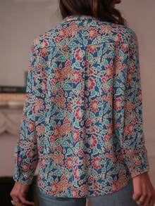新款女士休闲波西米亚风印花长袖衬衫 - 多色印花纽扣优雅衬衫，适合日常休闲、度假、正式场合、通勤，百搭时尚，也适合婚礼、春季派对等场合。 - 水鴨藍 - 查看 7