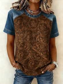 2026新款优雅撞色印花圆领短袖休闲女式上衣 - 彩色 - 查看 2