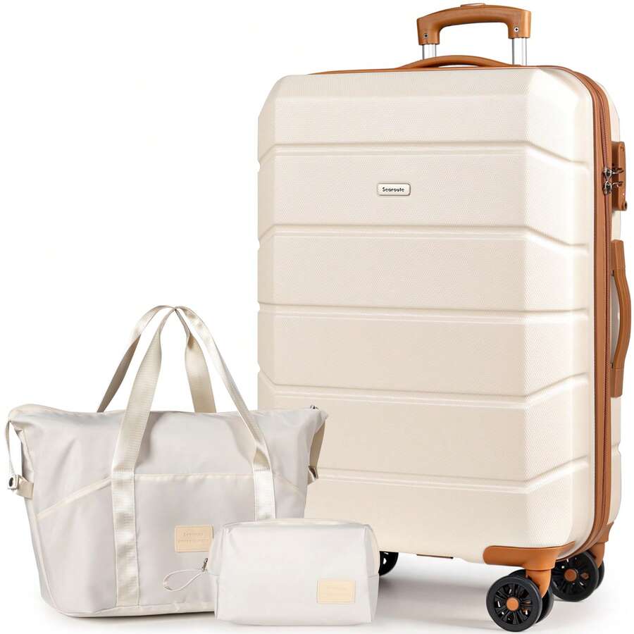 28 Inch Luggage Set With Duffel & Cosmetic Bag, ABS Hard Shell Checked Suitcase With 360° Spinner Wheels & TSA Lock For Long-Distance Travel - Beige - View 1