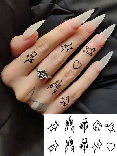 1 hoja de pegatina de tatuaje temporal de arte corporal pequeño, unisex, con diseño de flor, mariposa y texto de línea negra linda, de moda y compacto, se puede usar en dedos, dorso de las manos y otras partes, tatuaje falso impermeable que dura de 2 a 5 días, puede cubrir cicatrices, adecuado para brazos, muñecas, hombros, piernas, cintura, cuello, manos, pecho, muslos, dedos y otras partes, fácil de usar y quitar, adecuado para bodas, festivales de música, fiestas y otras ocasiones.