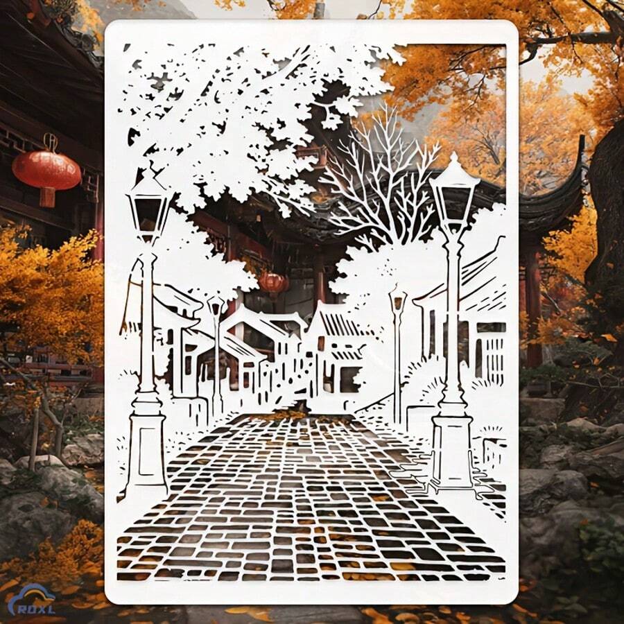 Reusable Street Scenery Stencil, Suitable For DIY Wall Art, Scrapbooking And Embossing - Durable PET Plastic, Easy To Use 11.7 Inch X 8.3 Inch Template - A - View 1