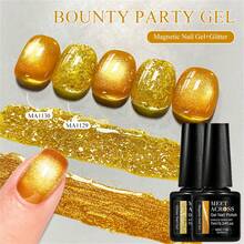 MEET ACROSS 2瓶7毫升Bounty Party亮片猫眼凝胶指甲油套装，金色闪光亮片猫眼磁性半永久可卸UV凝胶指甲油，适合夏季美甲，美甲DIY，家用和美甲沙龙用品 - 彩色 - 查看 3