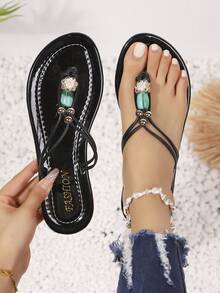 女士波西米亚风露趾T字带人字拖，绿松石串珠休闲人字拖，适合日常穿着和夏季海滩度假 - 黑色 - 查看 14