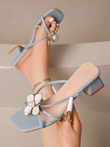 Mẫu sandal một quai đế dày đính hoa ngọc trai kiểu Pháp mới mùa hè 2025, kiểu dáng hở mũi, gót trung bình, đa năng dành cho nữ. - Màu xanh lam - Xem 3