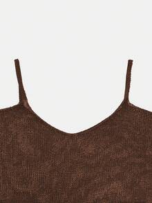 女士钩针露肩无袖短款上衣，棕色，休闲宽松优雅性感百搭夏季款 - 棕色 - 查看 4