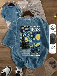 Nueva camiseta de moda para chicas de primavera y verano, diseño artístico de cielo estrellado de Van Gogh, estampado de letras, camiseta vintage lavada de talla grande para mujer, ropa casual holgada, tops de verano/otoño, ropa exterior de talla grande para otoño/invierno. - Púrpura malva - Ver 11