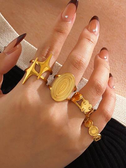 4pcs 18K Gold Plated Stainless Steel Vintage Geometric Star & Heart Shaped Ring Set, Fashionable Elegant Jewelry Gift For Women Daily, Party, Date Wear