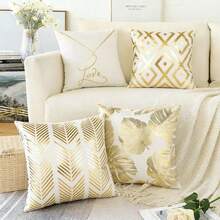 1 chiếc vỏ gối trang trí bằng vải nhung in họa tiết ánh kim, thích hợp cho phòng khách, ghế sofa, phòng ngủ. - Sọc lá vàng - Xem 4