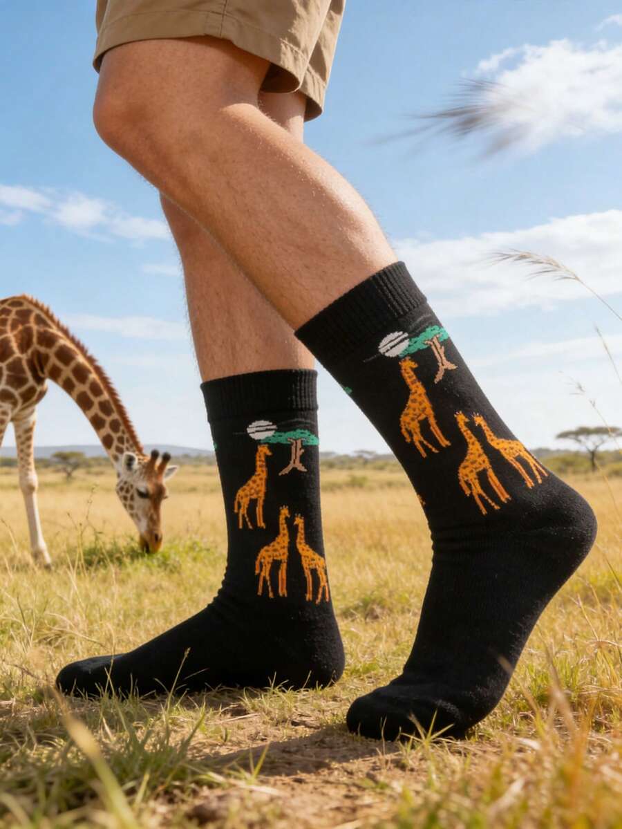 1双男士长颈鹿印花休闲百搭中筒袜 - 彩色 - 查看 1