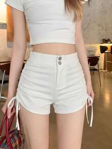 Casual Solid Color Button & Drawstring Ruched Sexy Shorts For Summer White - White - View 8