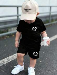 Baby Boy Letter Print Short Sleeve T-Shirt And Shorts - Black - View 1