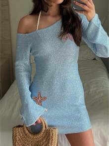 Women's Off The Shoulder Dress Stylish Sparkly Starfish Design Long Sleeve Mini Bodycon Dress - 藍色 - 查看 1