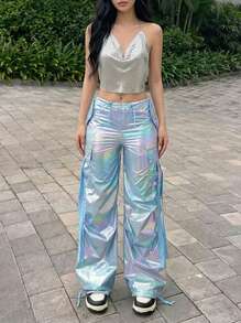 Rikumo Y2K 全息激光翻盖侧袋配抽绳腰带阔腿降落伞工装裤日常休闲舒适长裤派对节日春季 - 藍色 - 查看 1