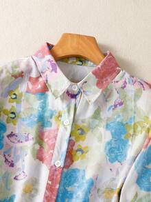 Women's Floral Print Loose Turndown Collar Button Shirt, Elegant Casual Short Sleeve Blouse, Suitable For Spring/Summer Office And Daily Wear Vacation - Green + Blue - View 4
