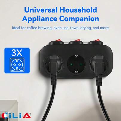 Bộ chia ổ cắm Schuko 3 chiều với công tắc riêng biệt, ổ cắm đa năng 16A 250V, bộ chia ổ cắm kiểu Châu Âu có nối đất dùng cho gia đình và nhà bếp.