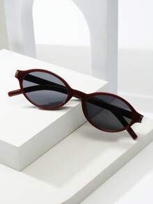 1pc Oval Small Frame High-Quality Minimalist Fashion Glasses For Women, Suitable For Travel, Leisure, Party, Beach, And Daily Wear - Wine Red Frame Gray Tablet - View 3
