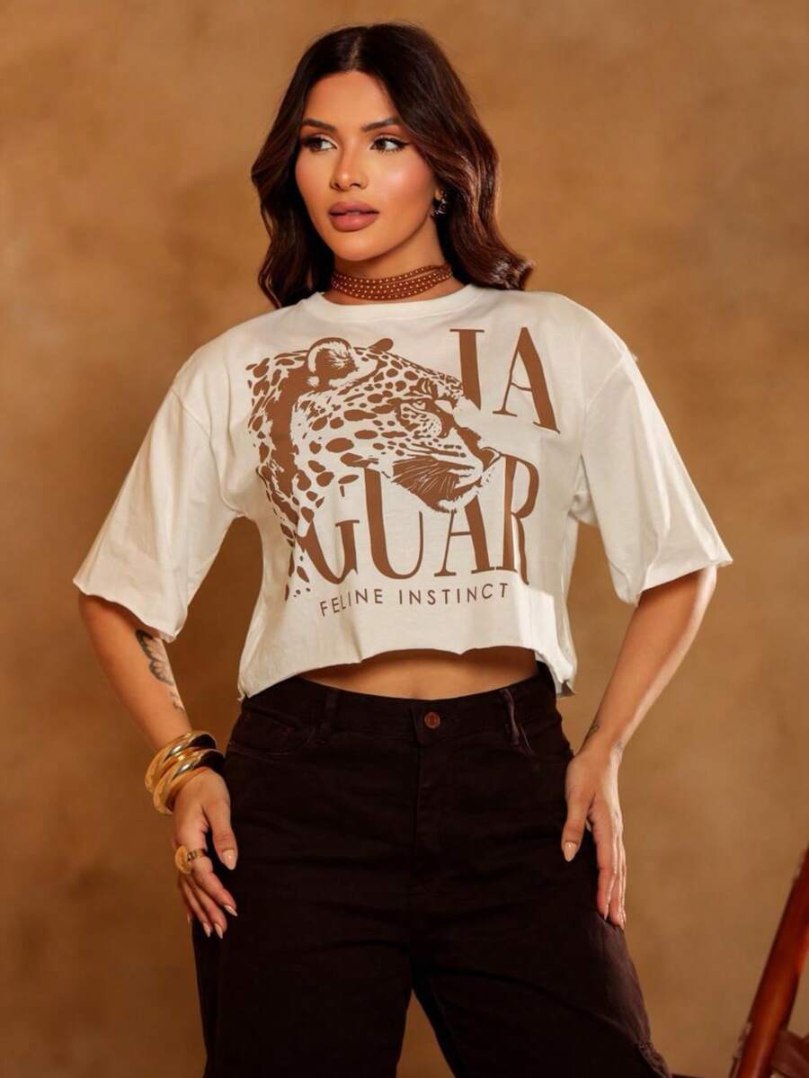 SILK ROUTE Women's Oversized Cropped Top With Print, Feline Style, Loose Fit, Fashionable - White - View 1