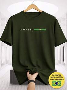 T-Shirt With Brazil Print, 100% Cotton, Casual, Comfortable, Supporting The Brazilian National Team, World Cup Hexa + Free Brazilian Flag - 綠色 - 查看 1