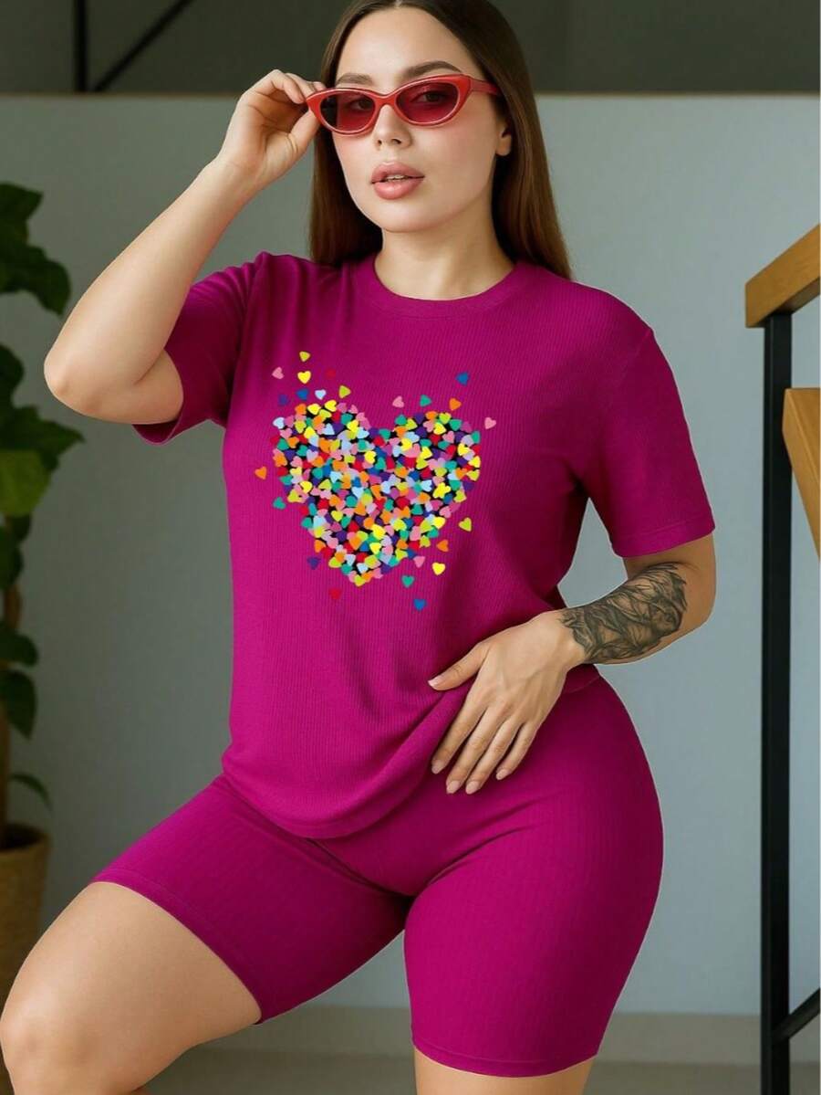 Set Deportivo Casual Mujer Dos Piezas, Camiseta Cómoda y Short Ajustado para Look Urbano Estampado De Corazon De Colores