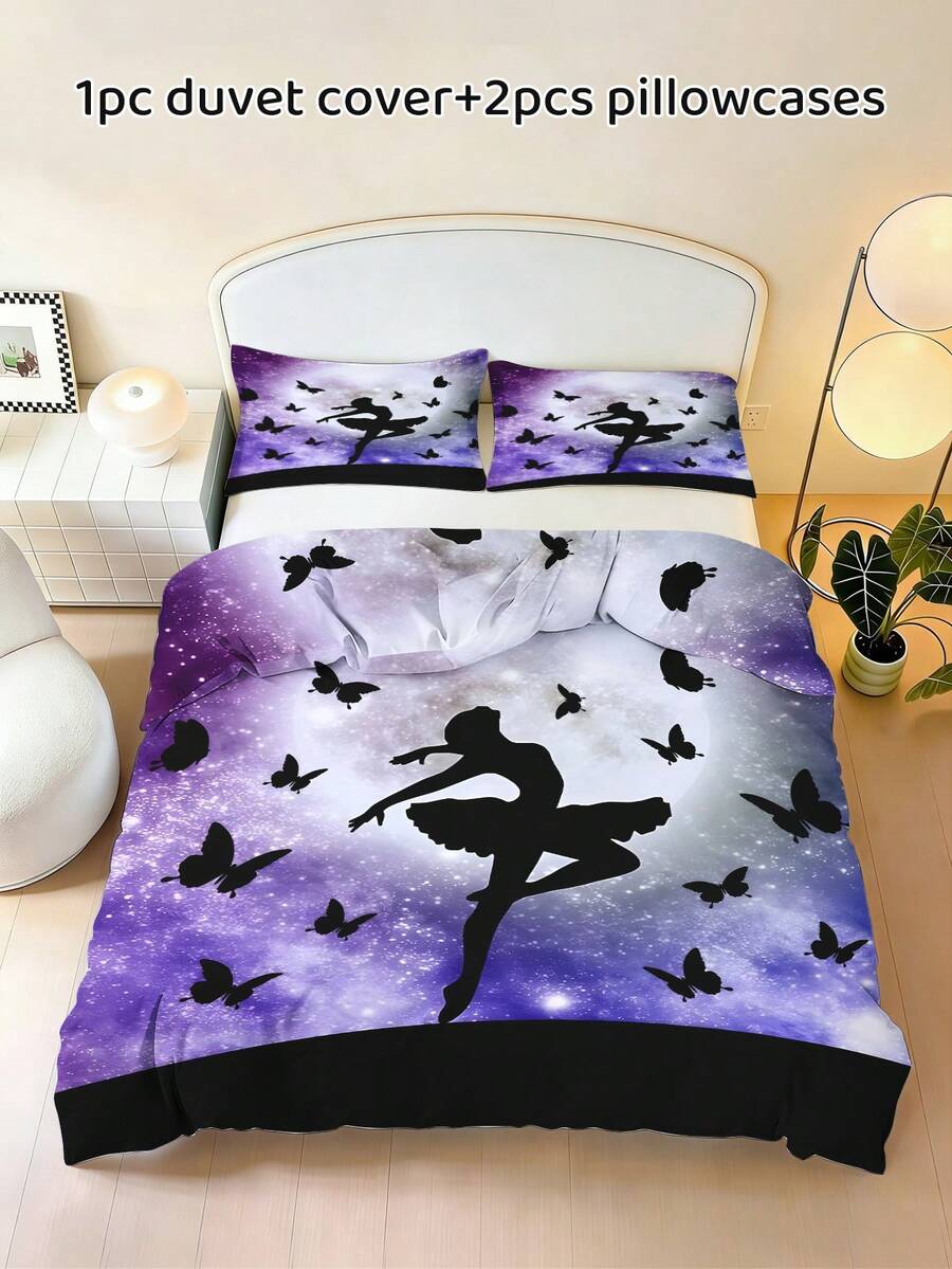 3pcs Purple Galaxy Ballet Dancer Butterfly Print Bedding Set, Soft Microfiber Starry Sky Duvet Cover With Pillowcases, Aesthetic Bed Set For Bedroom Guest Room - Multicolor - View 1