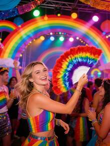 1把2026 LGBTQ骄傲派对彩虹天鹅绒羽毛扇，适用于舞台、T台、音乐节庆典，时尚手持降温配件，“爱就是爱”主题装饰，夏季，节日 - 彩色 - 查看 6