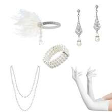 1920s Ladies' Wedding Party Makeup Ball Costume Headpiece Earrings Pearl Bracelet Long Pearl Necklace Hairband Retro Sexy Christmas Holiday Party Set - A - View 9