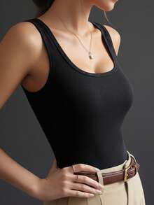 Black Ribbed Square Neck Camisole For Women - Built-In Padded Bust Slim Fit Sleeveless Comfortable T-Shirt Top, Soft & Casual Daily Wear - Black - View 4
