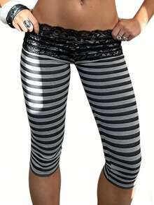 Lace Lettuce Trim Mid Waist Capri Leggings For Women Stripe Elastic Waist Ruffles Hem Tight Slim Fit Cropped Pants Coquette Leggings - 深灰色 - 查看 3