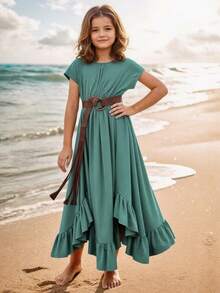 少女无袖露背不对称下摆连衣裙，适合婚礼、派对、波西米亚风度假等场合 - 青碧色 - 查看 3