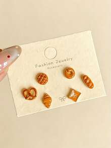 14件/6件可爱卡通焦糖面包甜甜圈耳钉套装，简约百搭首饰，女士礼物，日常及旅行佩戴 - 彩色 - 查看 6