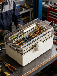 Caja de herramientas de tres niveles, caja de herramientas plegable de color blanco crema multicapa | Tapa superior transparente a prueba de polvo y humedad | Organizador de almacenamiento de herramientas para reparación del hogar con manija oculta para fácil portabilidad - A - Ver 1