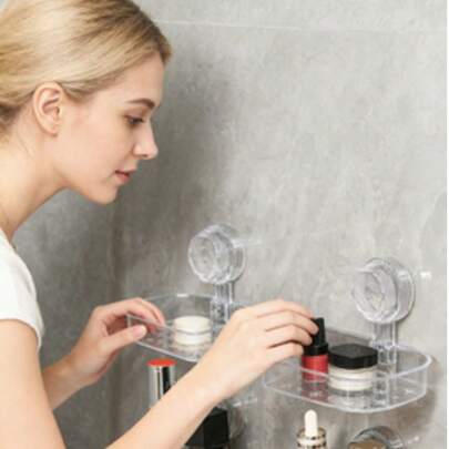 1个吸盘式浴室置物架，壁挂式收纳架，免钻孔梳妆台收纳架，可放置化妆品、牙刷、肥皂、海绵和护肤品，自粘式节省空间置物架，适用于厨房、淋浴间、梳妆台和天花板，是公寓和家居的理想必备品，也是派对礼品、乔迁礼物和节日礼物的完美之选。