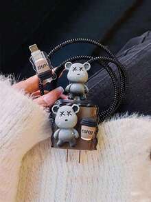 4-Piece Set Black Wavy Bear Coffee Bean 1.5m Data Cable Winder Fixer Charger Head Protective Cover, Black Bear Coffee Bean Anti-Breakage Winder Data Cable Fixer TPU Charger Head Protector, Compatible With IPhone 12/13/14, 20w Fast Charging Data Cable - Multicolor - View 4