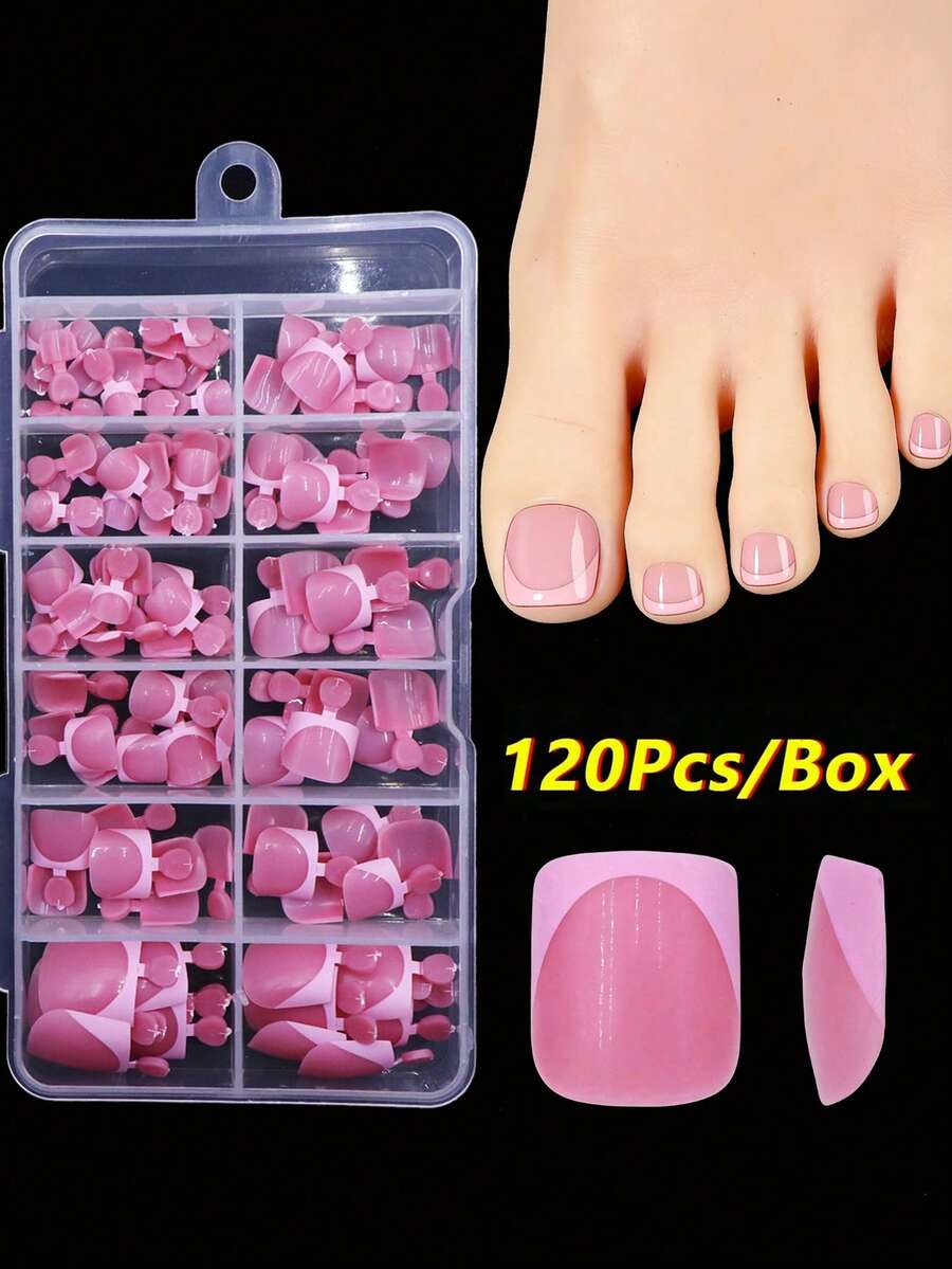 120片粉色法式短款亮面方形多色假脚趾甲贴纸，全覆盖软胶美甲贴，可移除奢华美甲贴纸，适合女性和女孩，用于美甲延长、家庭DIY美甲沙龙 - DIY脚趾甲美甲用品