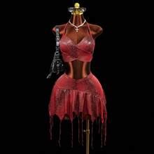 Bộ đồ nữ in họa tiết da rắn gợi cảm gồm áo crop top và chân váy ngắn hở lưng, thích hợp cho đi biển, kỳ nghỉ, đi chơi đêm, mùa xuân/hè. - Đỏ - Xem 8