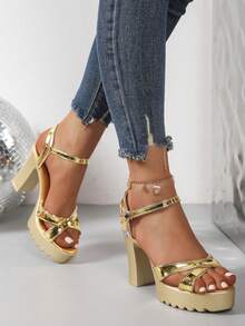 Chunky Heel Sandals Women, Cross-Strap Open Toe High Heels, Anti-Slip Serrated Sole Strap Sandals, Sexy Club Versatile Style. Cross-Strap Design, Chunky Heel, Stable And Comfortable; Crystal Pendant Decor, Suitable For Commuting, Dating, Party - Gold - View 3
