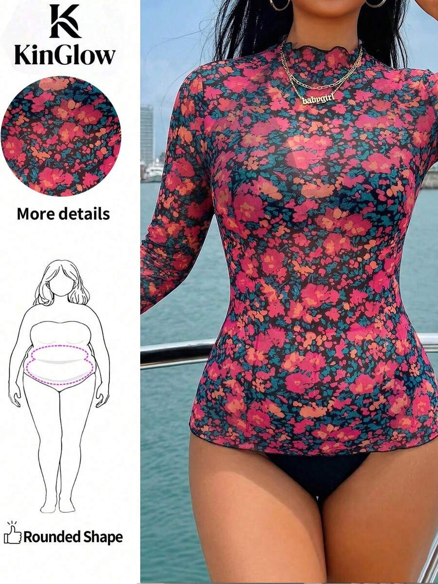 Blusa de manga larga con estampado floral versátil para mujer de talla grande, ideal para vacaciones y primavera - Multicolor - Ver 1