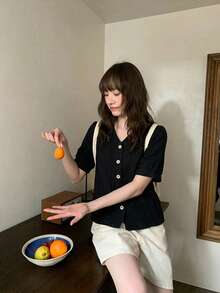 Black V-Neck Spring/Summer Short-Sleeved Loose-Fitting Front-Button Casual Women's Shirt - Black - View 2