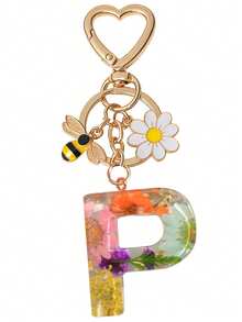 1pc Initial Letter Cute Bee & Flower Keychain, Heart Shaped Daisy Keyring Accessory, Decoration For Women Handbag Gift - Color - View 31